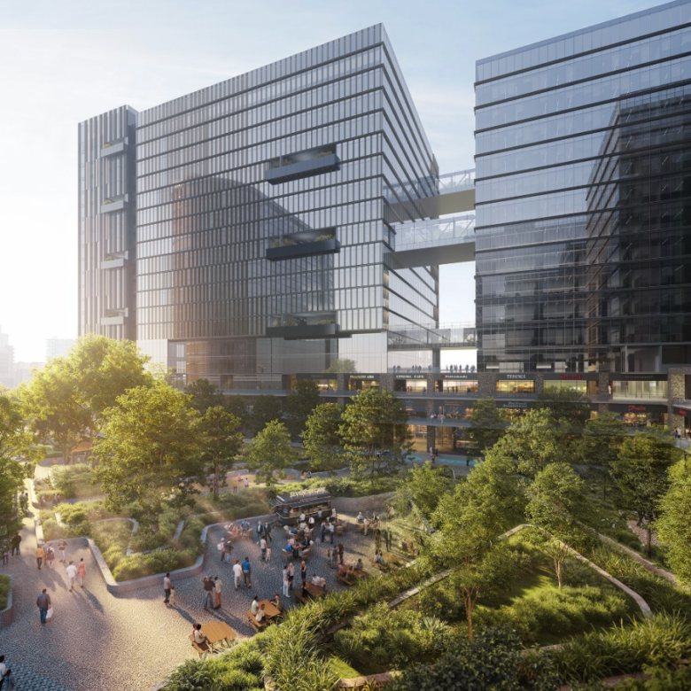 Landscaped plaza between the World Trade Center Salt Lake towers