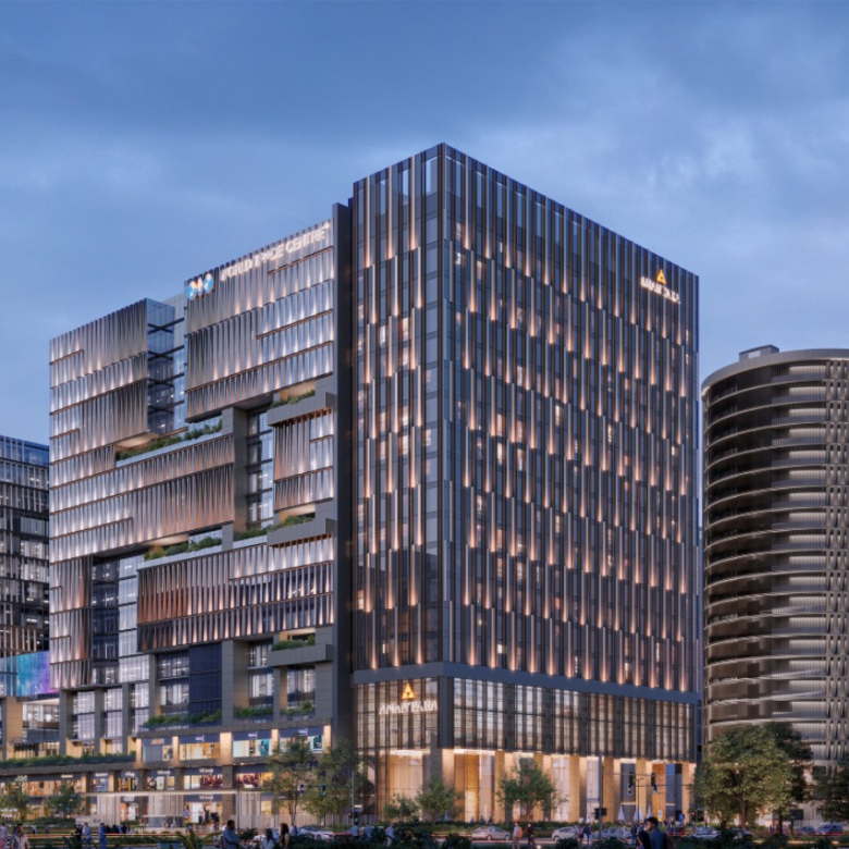 World Trade Center Salt Lake tower at dusk with Anantara hotel signage
